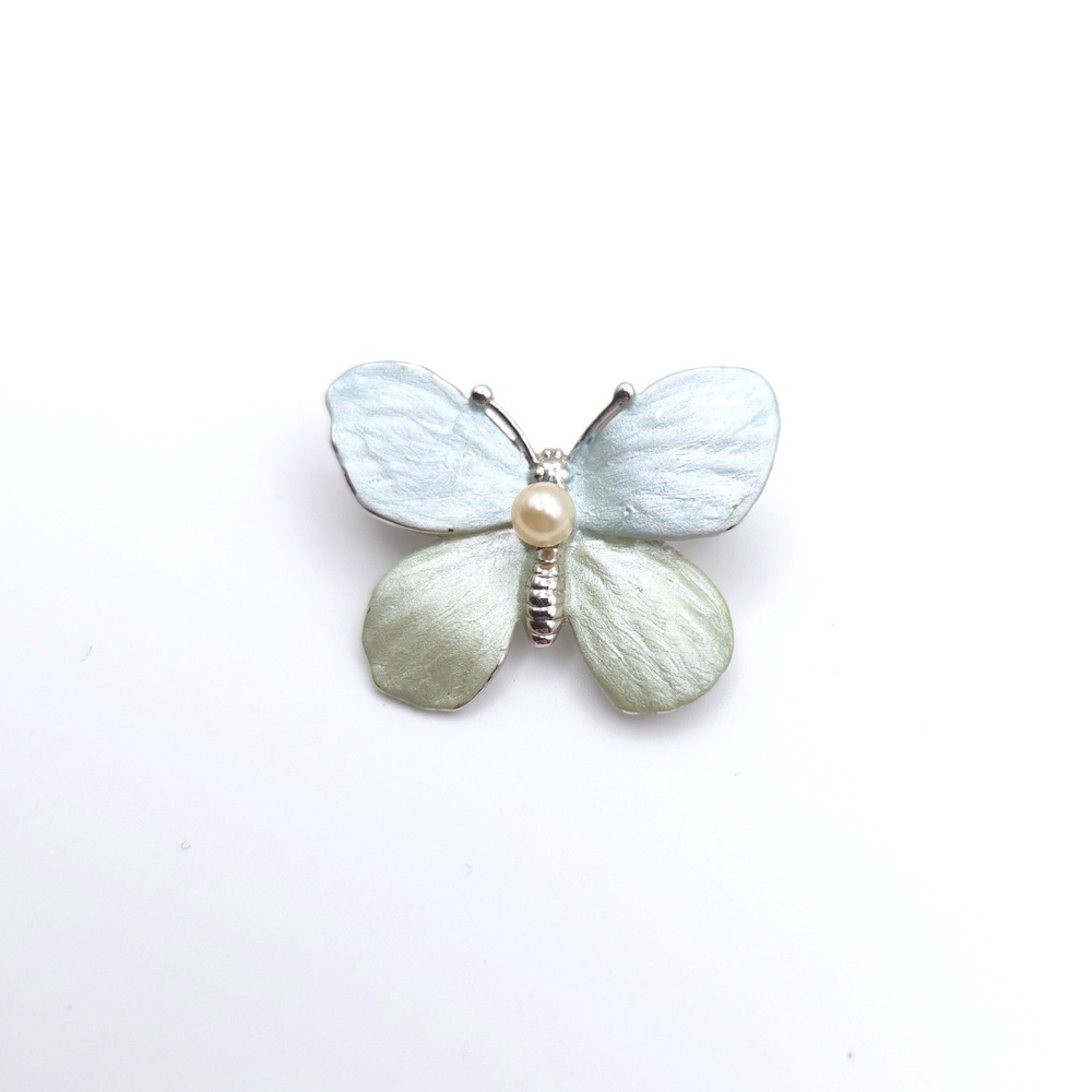 Silver Tone Pastel‎ Blue Green Enamel Butterfly Pin Faux Pearl Accent Brooch